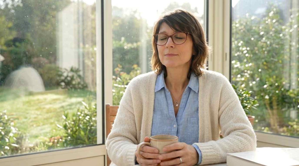 Femme apaisée savourant un moment de calme et de détente dans un environnement lumineux et naturel