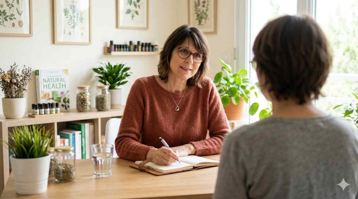 Véronique Duivon en consultation de naturopathie échange avec une patiente dans un cabinet lumineux et naturel