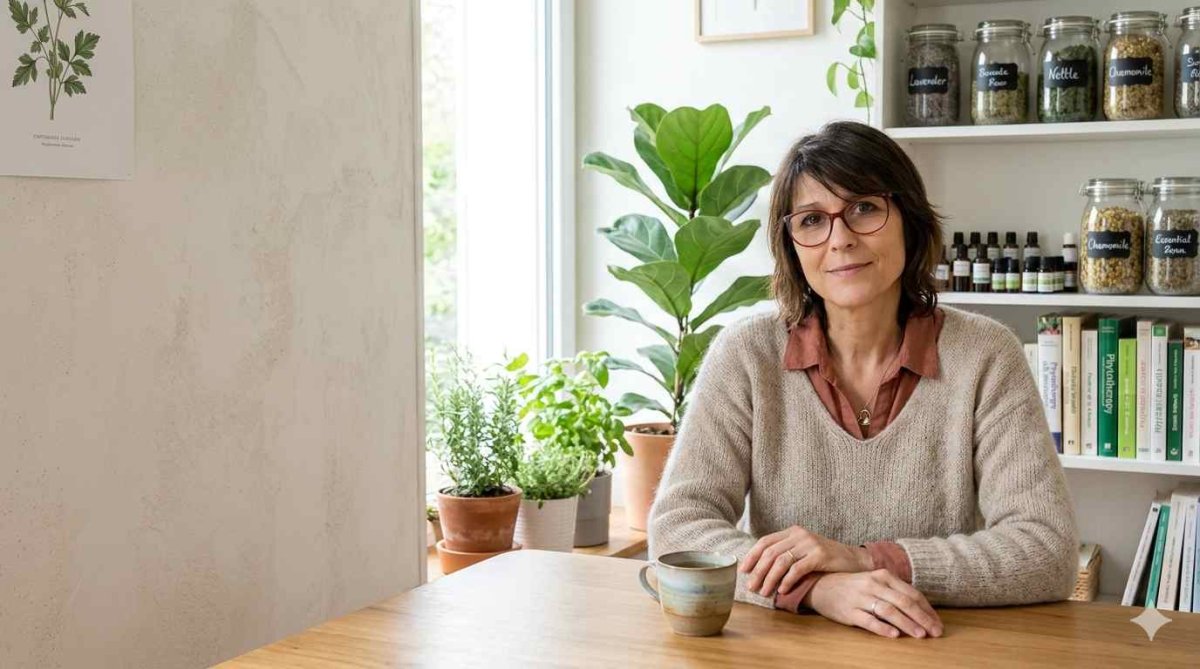 Portrait de Véronique Duivon naturopathe dans son cabinet entourée de plantes et de produits naturels